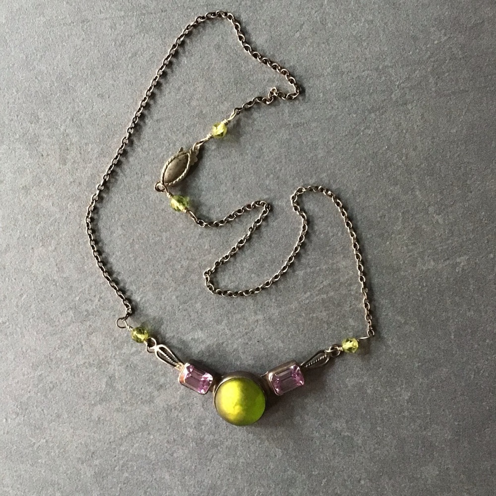 Handcrafted Green Glass and Purple Crystal Necklace